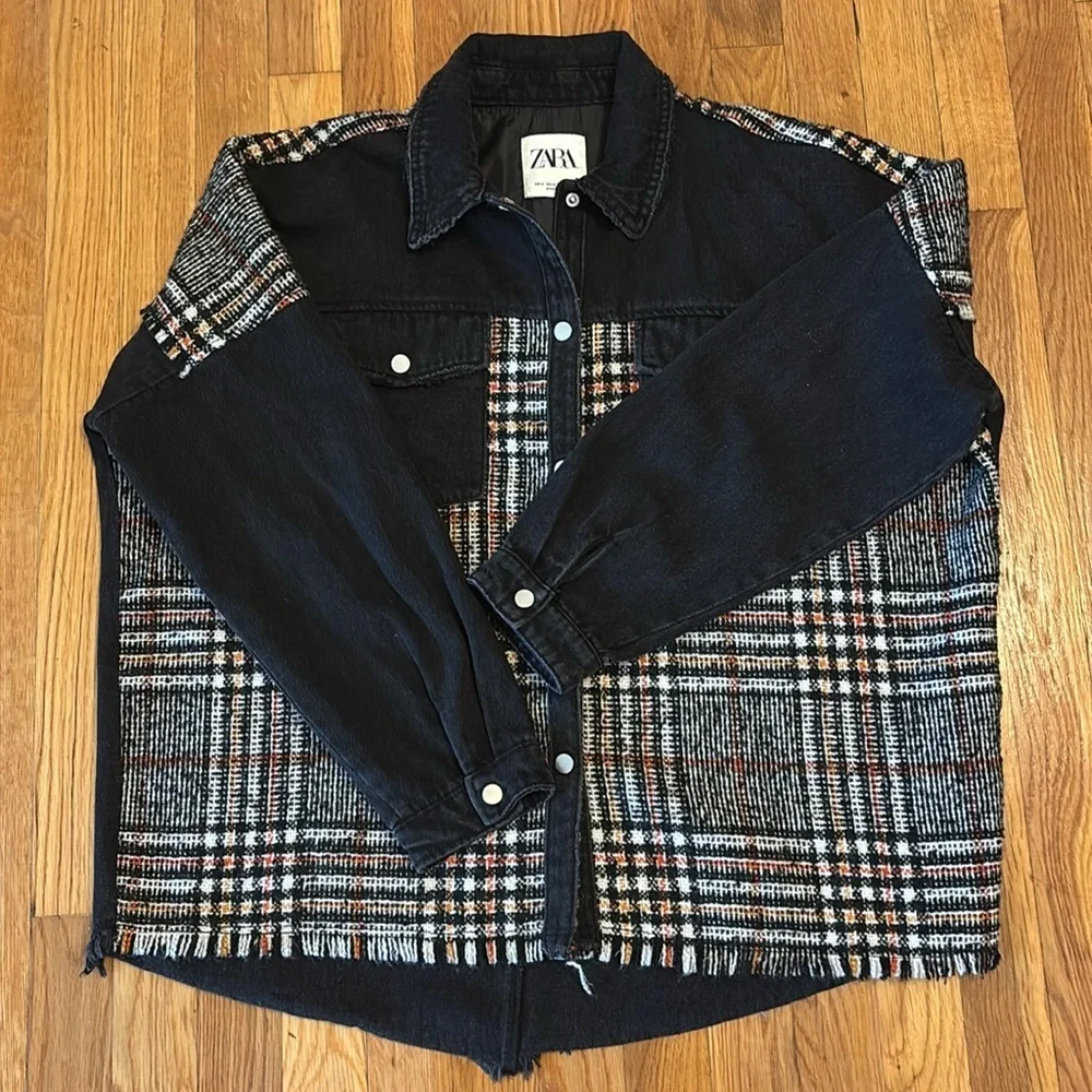 Zara Black and Plaid Jean Jacket